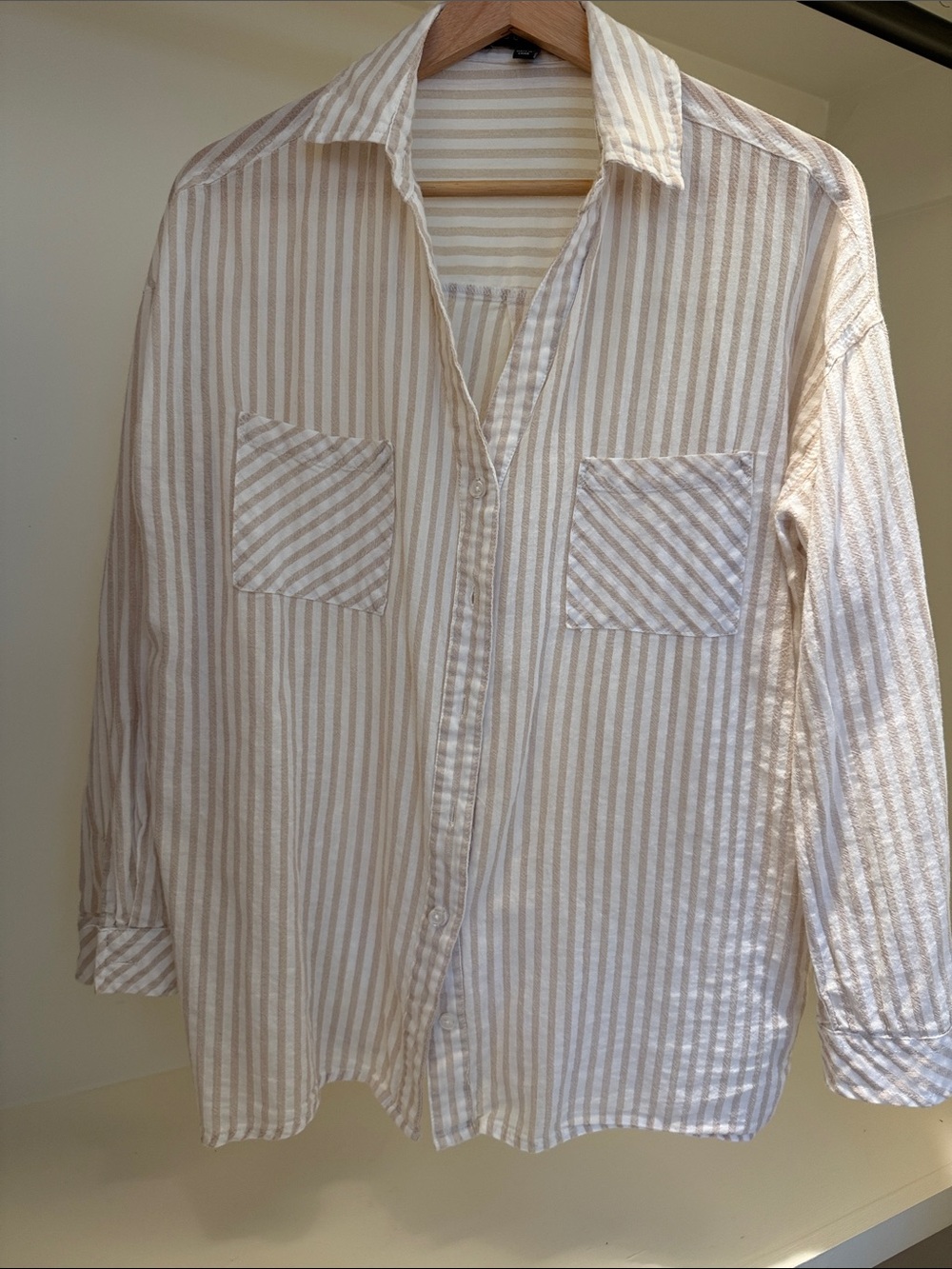 Women's Beige & White Striped Button-Down Shirt